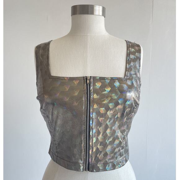 Vtg 80's Tripp NYC Holographic Zip Up Cropped Tank L RARE Rave Club Techno Top - Picture 3 of 8